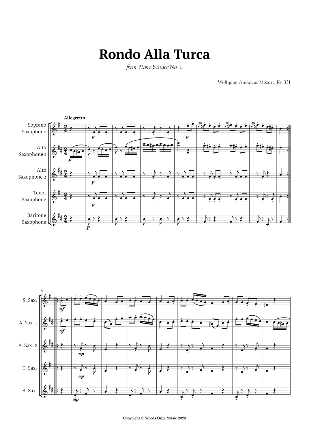 Rondo Alla Turca by Mozart for Sax Quintet (arr. Ander)