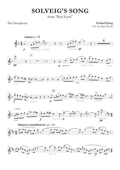 Solveig's Song from "Peer Gynt" for Alto Saxophone and Piano (arr. Diego Marani)