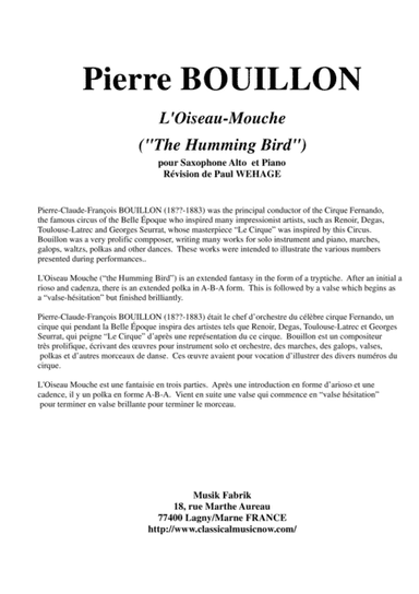 Pierre Bouillon: L'Oiseau-Mouche (The Humming Bird) for alto saxophone and piano (arr. Musik Fabrik Music Publishing)