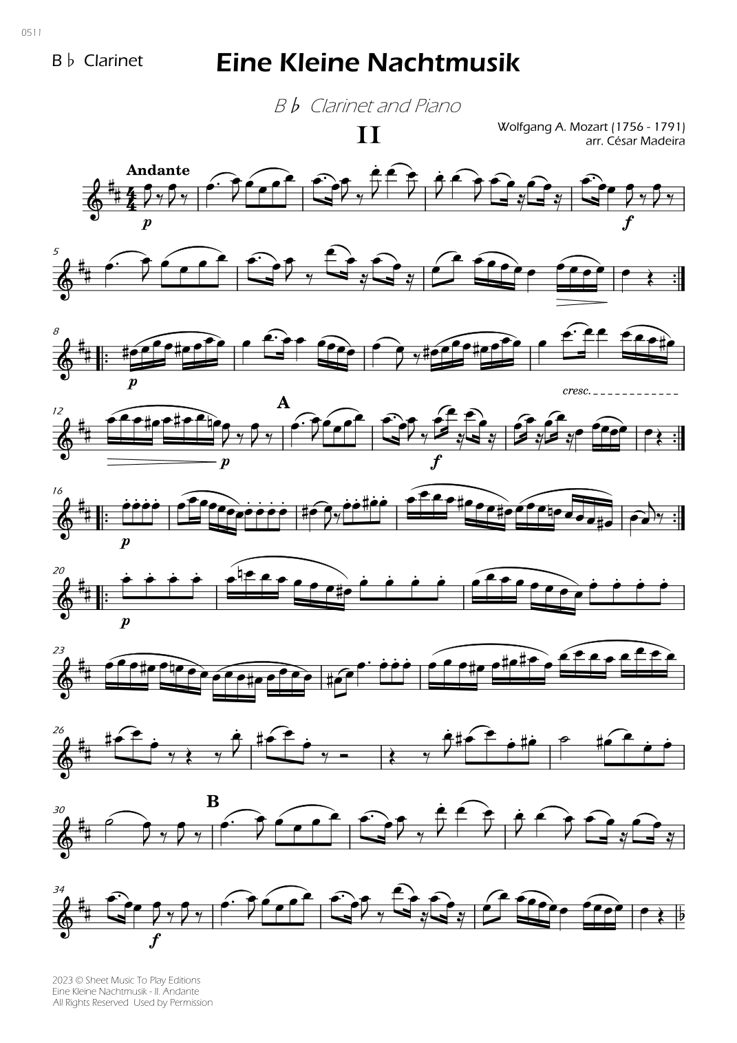 Eine Kleine Nachtmusik (2 mov.) - Bb Clarinet and Piano (Individual Parts) (arr. César Madeira)