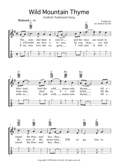 Wild Mountain Thyme (with Ukulele TAB and Chords) (arr. Robert Newth)
