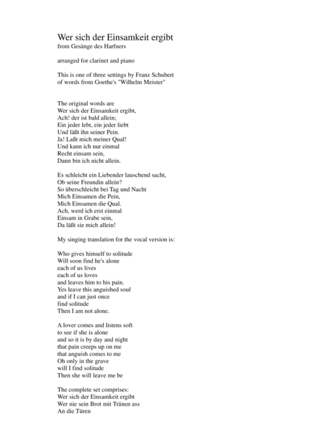Wer sich der Einsamkeit ergibt (Who gives himself to solitude) for clarinet and piano (arr. David Warin Solomons)
