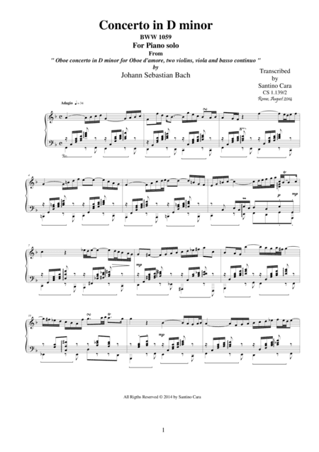 J.S-Bach - Oboe concerto in D minor BWV 1059 - mov. 2 Adagio-Piano version (arr. Santino Cara)