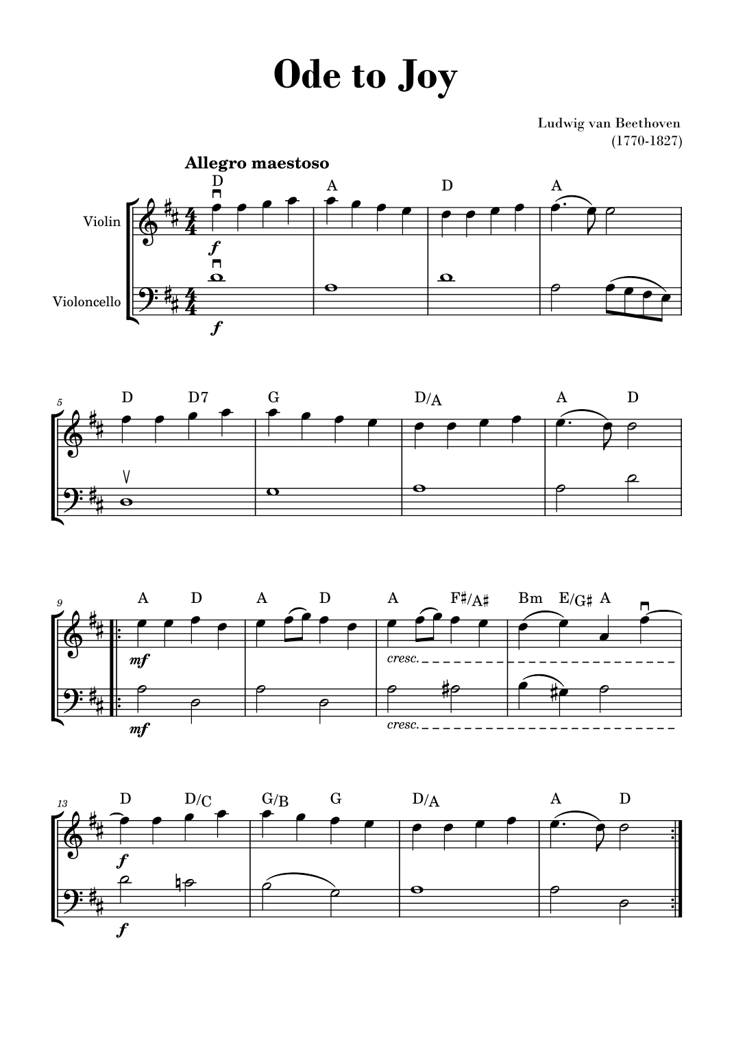 Beethoven - Ode to Joy (for Violin and Cello) - D Major with Chords (arr. Gisele Sant'Ana)