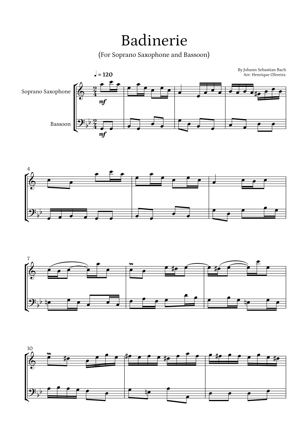 Badinerie by J. S. Bach (For Soprano Saxophone and Bassoon) (arr. Henrique Oliveira)