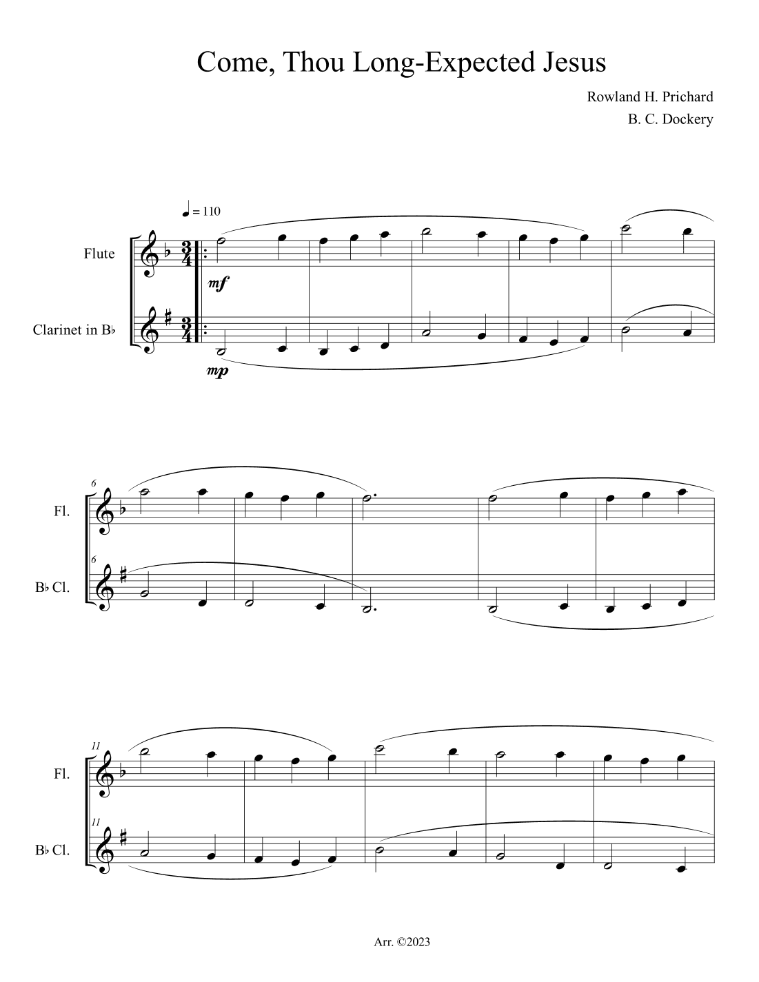 Come, Thou Long-Expected Jesus (Flute and Clarinet Duet) (arr. B. C. Dockery)