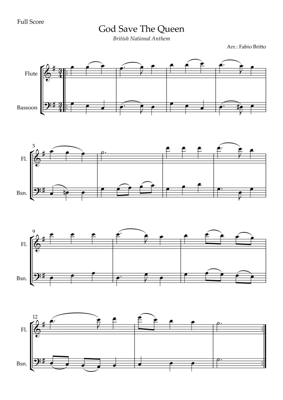 God Save The Queen (British National Anthem) for Flute & Bassoon Duo (arr. Fabio Britto)
