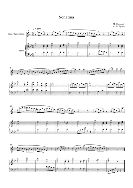 Sonatina (In C Major), Muzio Clementi, For Tenor Saxophone & Piano (arr. Eugene Egorov)