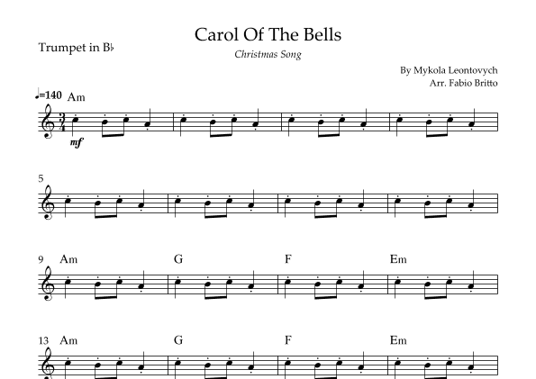 Carol Of The Bells (Christmas Song) for Trumpet in Bb Solo with Chords (arr. Fabio Britto)