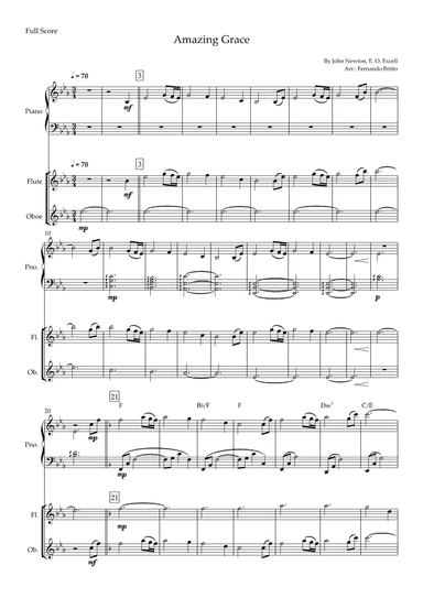 Amazing Grace (John Newton, E. O. Excell) for Flute & Oboe Duo and Piano Accompaniment with Chords (arr. Fernando Britto)