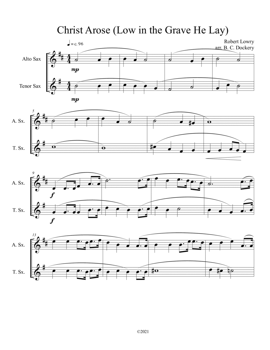 Christ Arose (Low in the Grave He Lay) for alto and tenor sax duet (arr. B. C. Dockery)