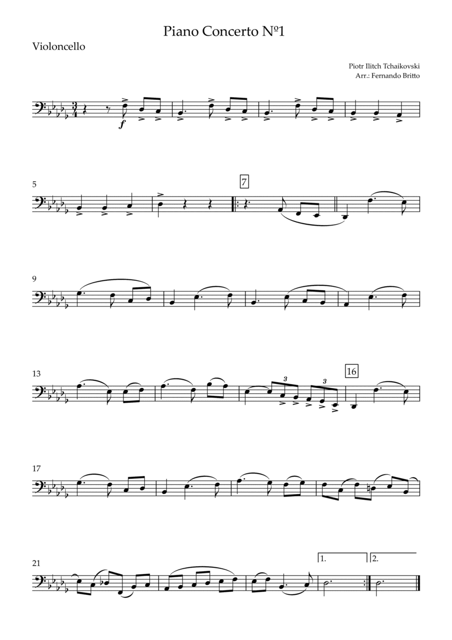 Piano Concerto Nº 1 - 1st Mov. Theme (P. Tchaikovsky) for Cello Solo (arr. Fernando Britto)