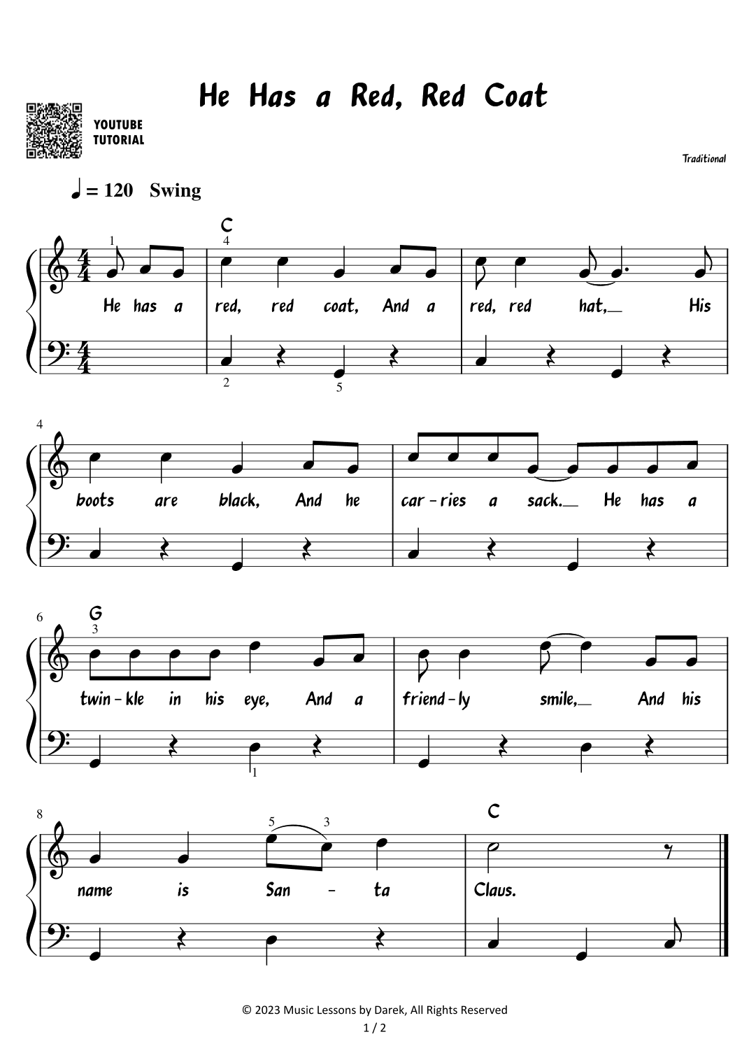 He Has a Red, Red Coat - Christmas Carol [EASY PIANO] (arr. Darek)