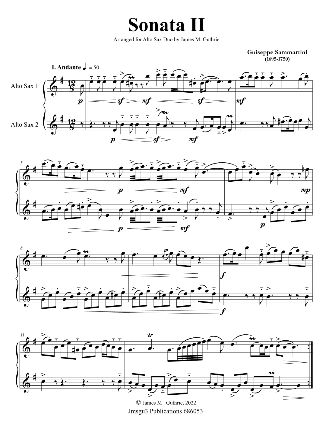 Sammartini: Sonata Op. 1 No. 2 for Alto Sax Duo (arr. James M. Guthrie)