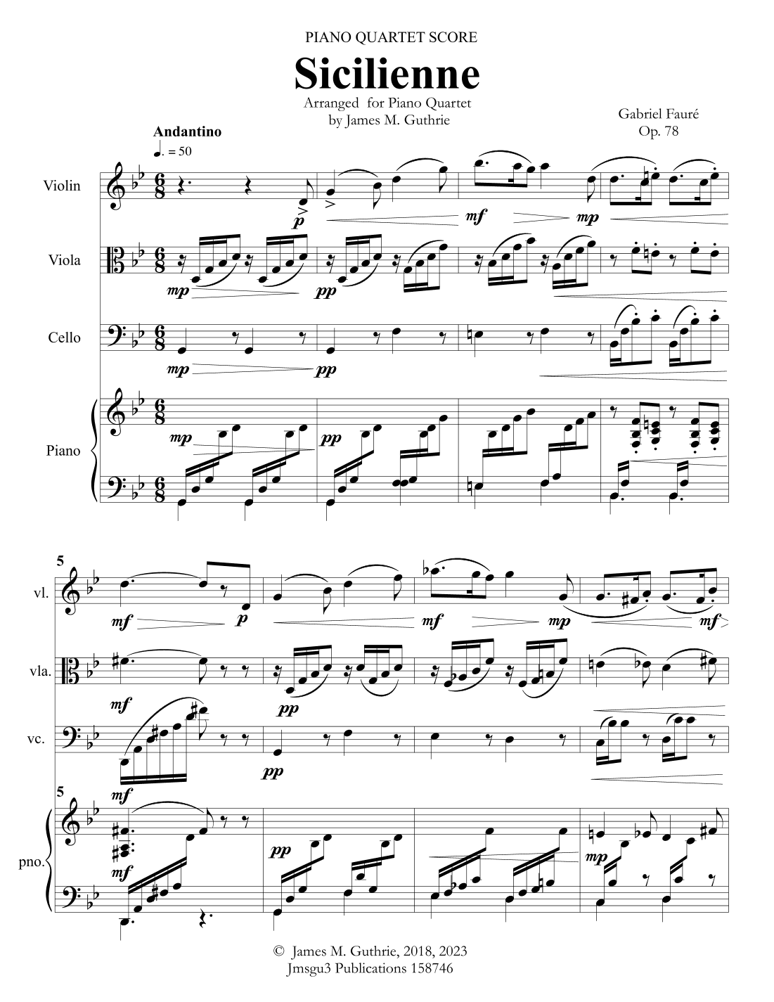 Fauré: Sicilienne for Piano Quartet (arr. James M. Guthrie, ASCAP)