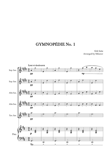 Gymnopédie no 1 | Saxophone Quintet | Original Key| Piano accompaniment |Easy intermediate (arr. Milanov)