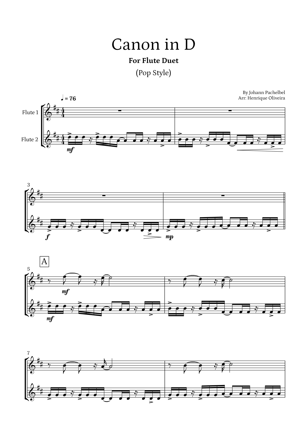 Canon in D (Pop Style) - For Flute Duet (arr. Henrique Oliveira)