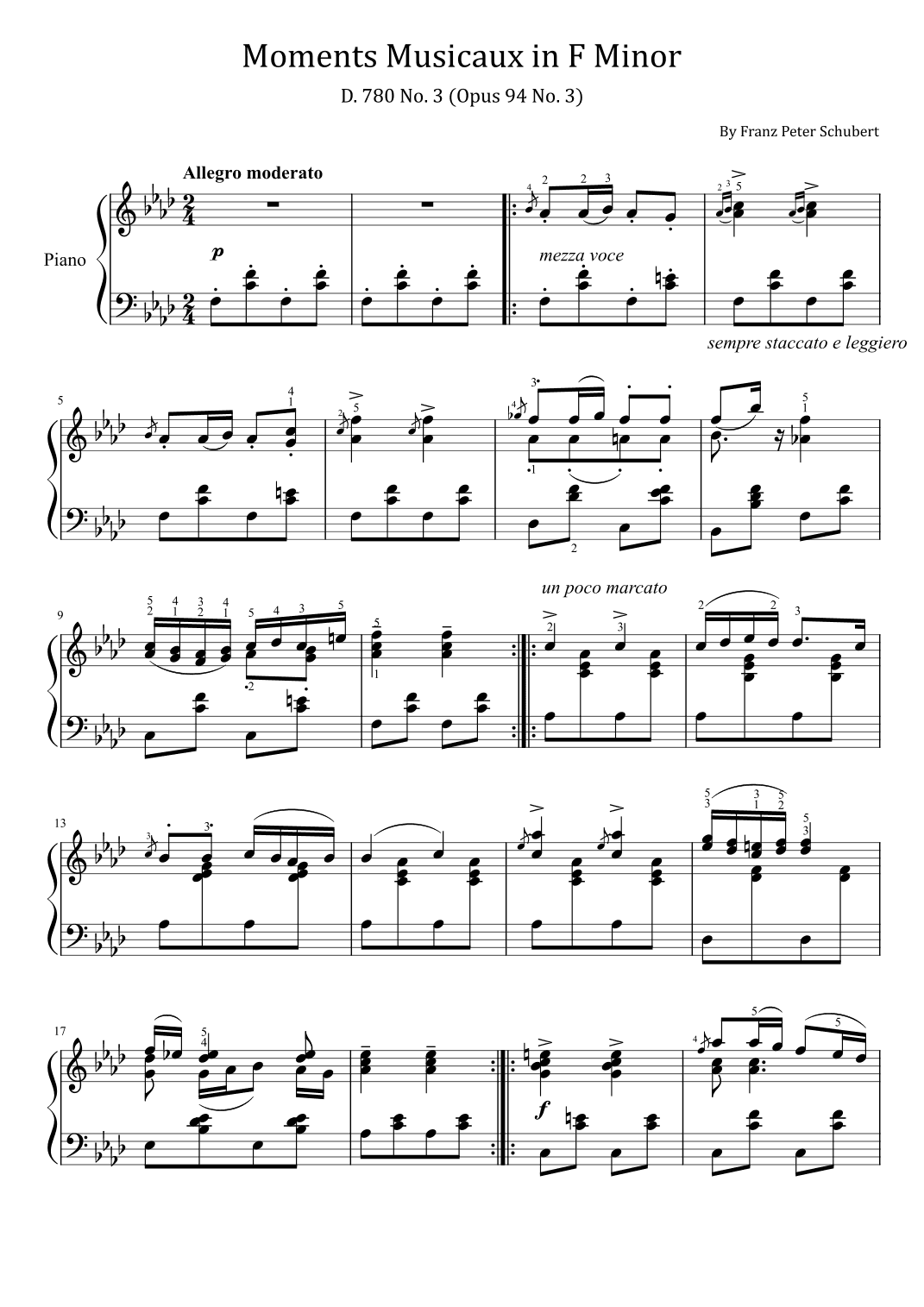 Schubert Moments Musicaux in F Minor - D. 780 No. 3 (Op.94 No. 3) - Original With Fingered (arr. poon)
