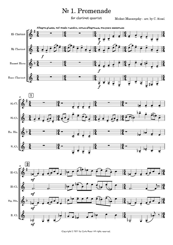 Pictures at an Exibition (full score for clarinet quartet) (arr. Carlo Rossi)