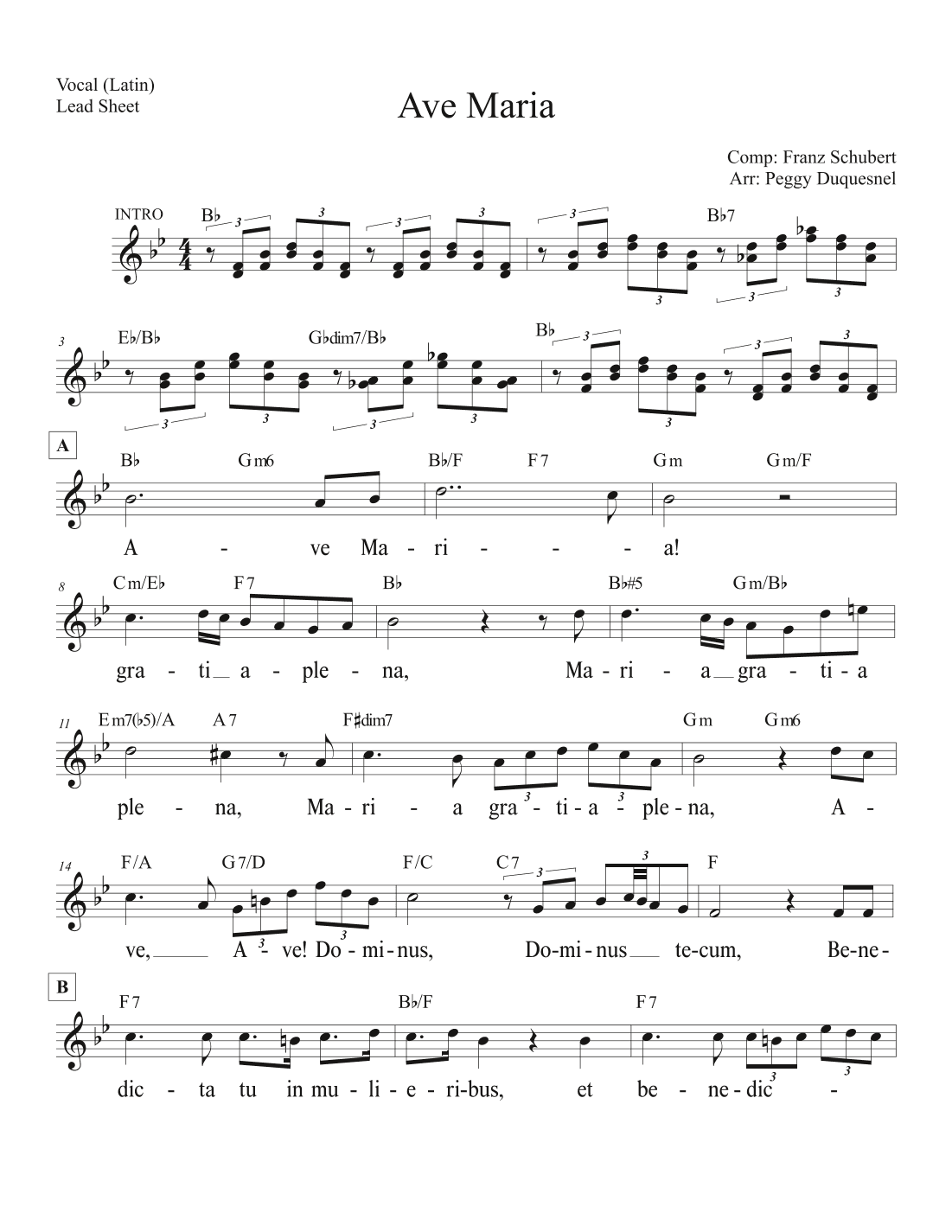 Ave Maria (Bb) - Vocal Lead Sheet - Latin (arr. Peggy Duquesnel)
