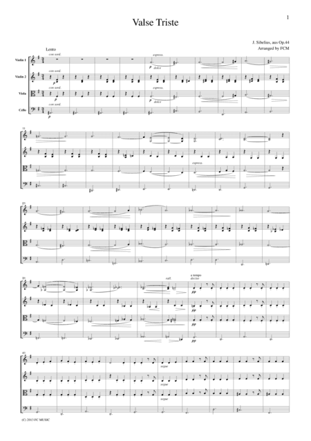 Sibelius Valse Triste, for string quartet, CS602 (arr. FCMUSIC)