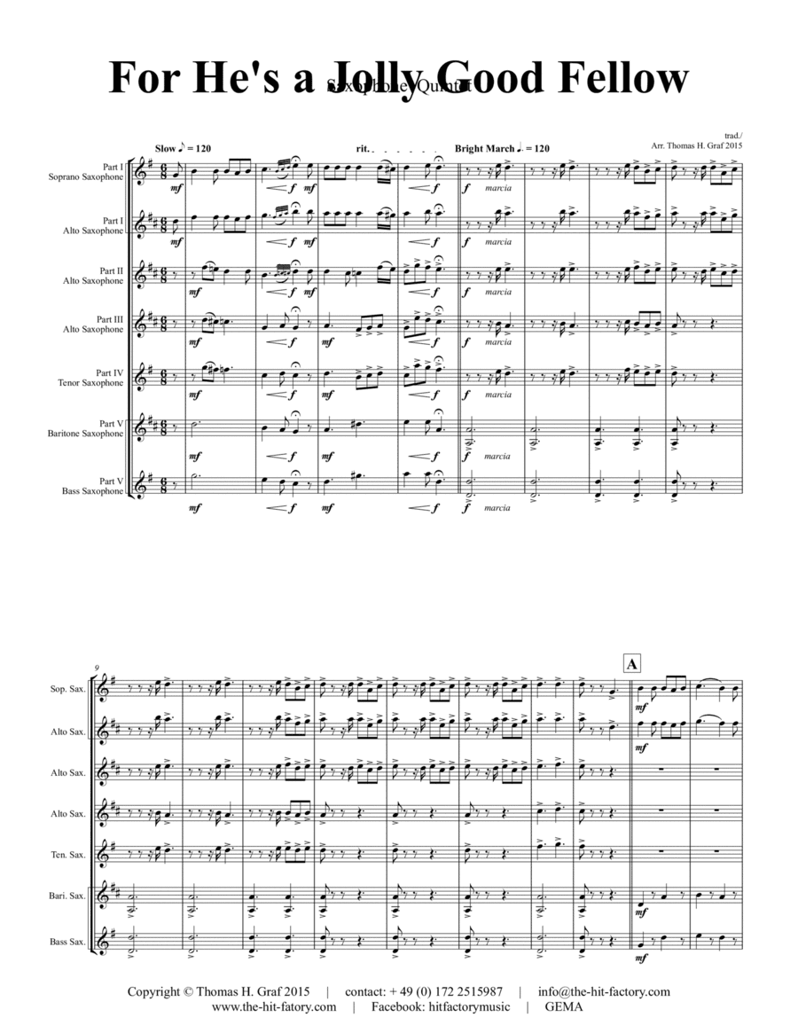 For he is a Jolly Good Fellow - Folk Song and Toast - Saxophone Quintet (arr. Thomas Graf)