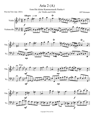 Aria 2 (A) from Die kleine Kammermusik Partita 4 - GP Telemann (Violin & Cello) (arr. Peet du Toit)