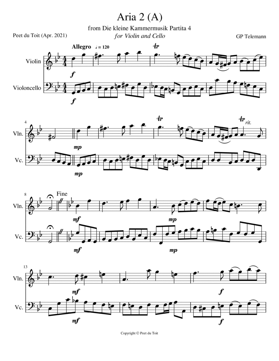 Aria 2 (A) from Die kleine Kammermusik Partita 4 - GP Telemann (Violin & Cello) (arr. Peet du Toit)