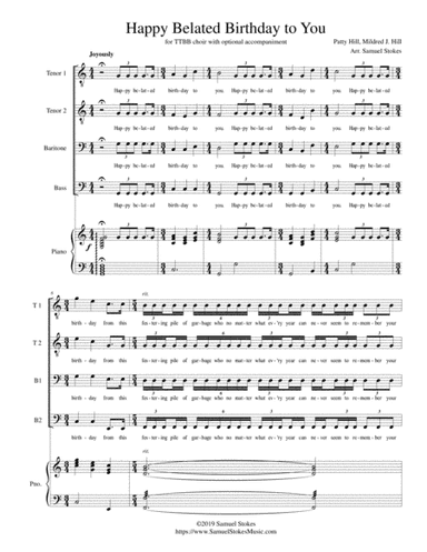 Happy Belated Birthday to You - for TTBB choir with optional piano accompaniment (arr. Samuel Stokes)