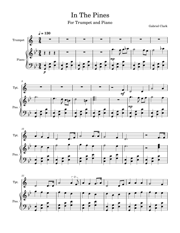 "In The Pines" for trumpet and piano (arr. Gabriel Clark)