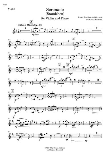 Serenade (D.975) by Schubert - Violin and Piano (Individual Parts) (arr. César Madeira)