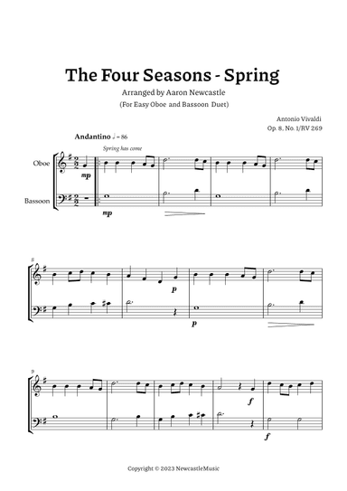 Vivaldi, Spring (The Four Seasons) — For Easy Oboe and Bassoon Duet. Score and Parts (arr. Aaron Newcastle)
