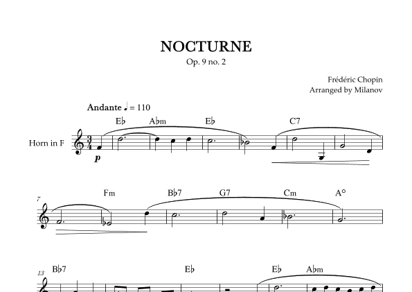 Chopin Nocturne op. 9 no. 2 | Horn in F | E-flat Major | Chords | Easy beginner (arr. Milanov)
