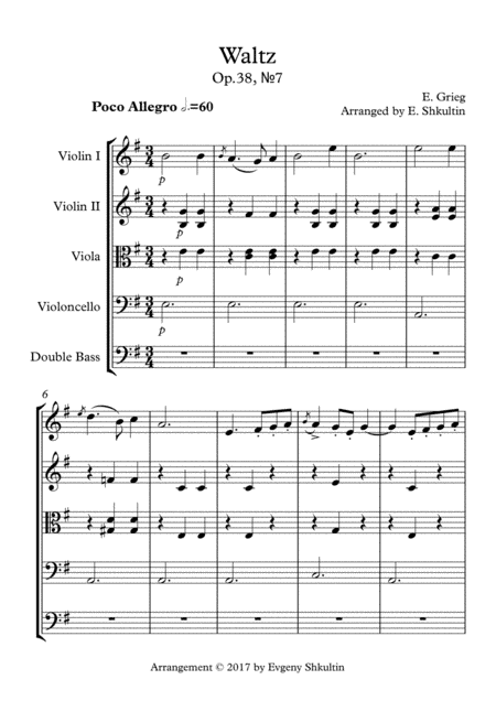 Waltz from "Lyric Pieces" Op.38, ?7 - String Quartet/Ensemble (arr. E. Shkultin)