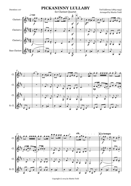 Pickaninny Lullaby for Clarinet Quartet (arr. Martin Todd)