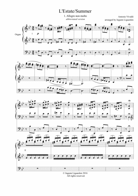 Summer/L'Estate from The Four Seasons - 1. Allegro non molto - for Organ Solo (arr. Ingunn Ligaarden)