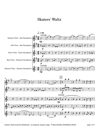 Skaters' Waltz by Waldteufel for Saxophone Quartet in Schools (arr. Joseph Judge)