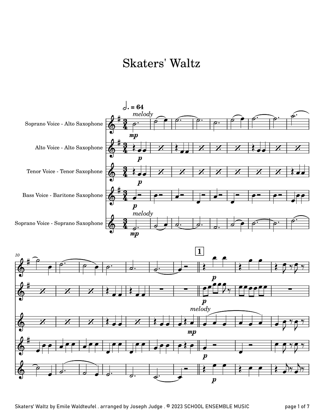 Skaters' Waltz by Waldteufel for Saxophone Quartet in Schools (arr. Joseph Judge)