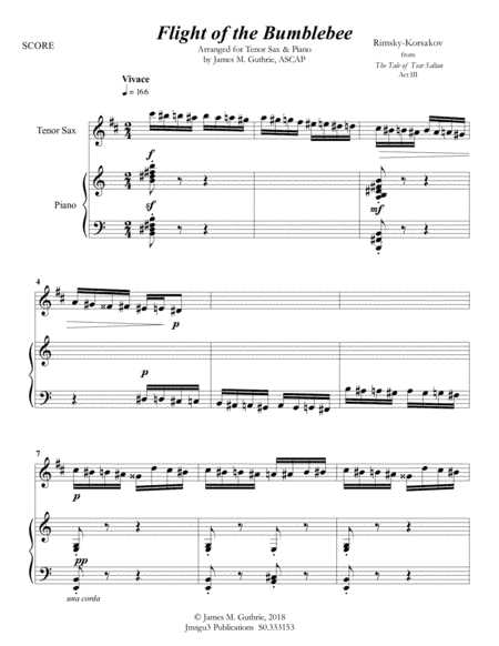 Korsakov: Flight of the Bumblebee for Tenor Sax & Piano (arr. James M. Guthrie, ASCAP)
