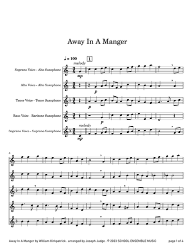 Away In A Manger for Saxophone Quartet in Schools (arr. Joseph Judge)