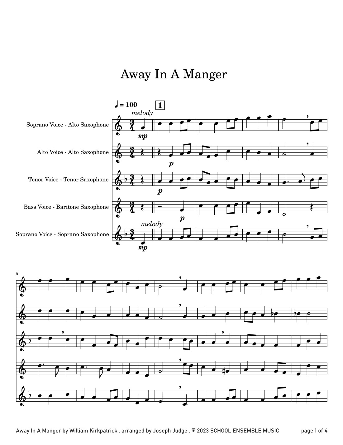 Away In A Manger for Saxophone Quartet in Schools (arr. Joseph Judge)