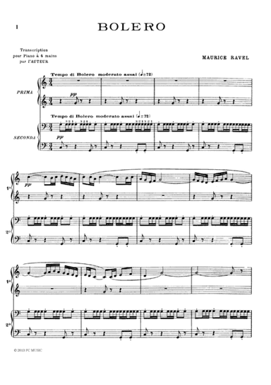 Ravel Bolero, for piano duet(1 piano, 4 hands), PR801 (arr. Fukuhara)