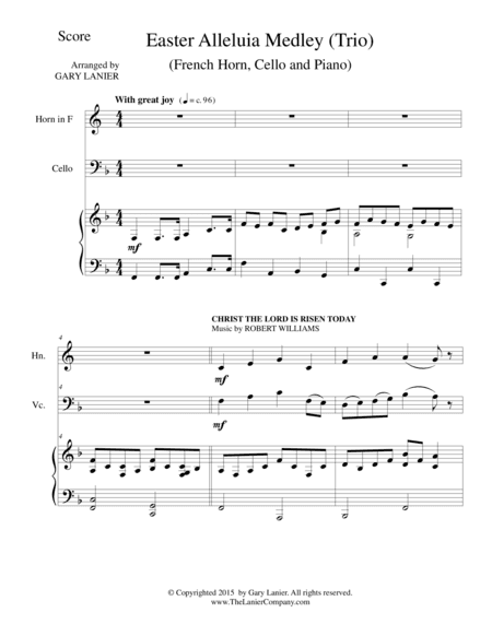 EASTER ALLELUIA MEDLEY (Trio – French Horn, Cello/Piano) Score and Parts (arr. Gary Lanier)