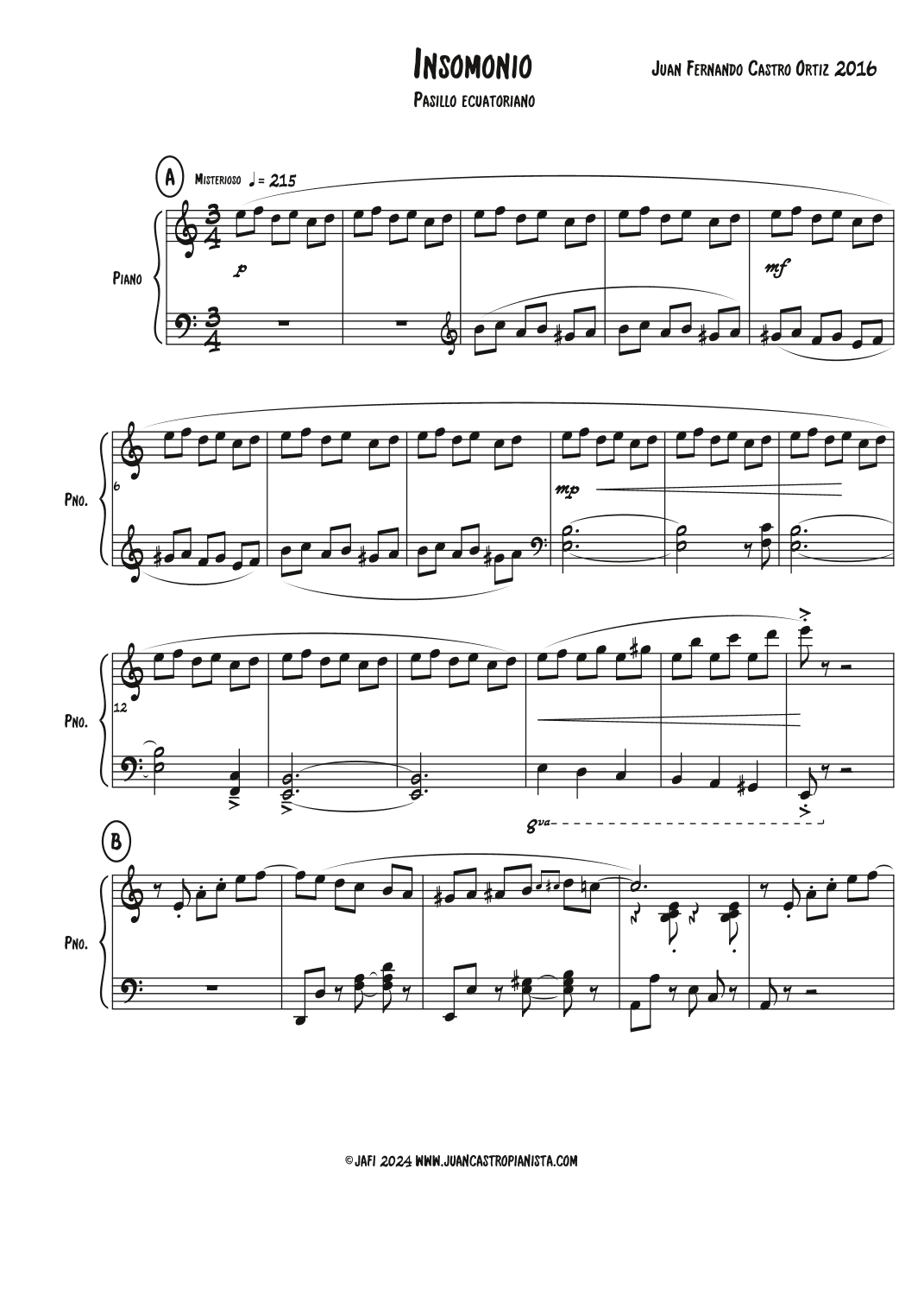 "Insomnio" Pasillo - Piano Solo - Juan Castro Pianista.