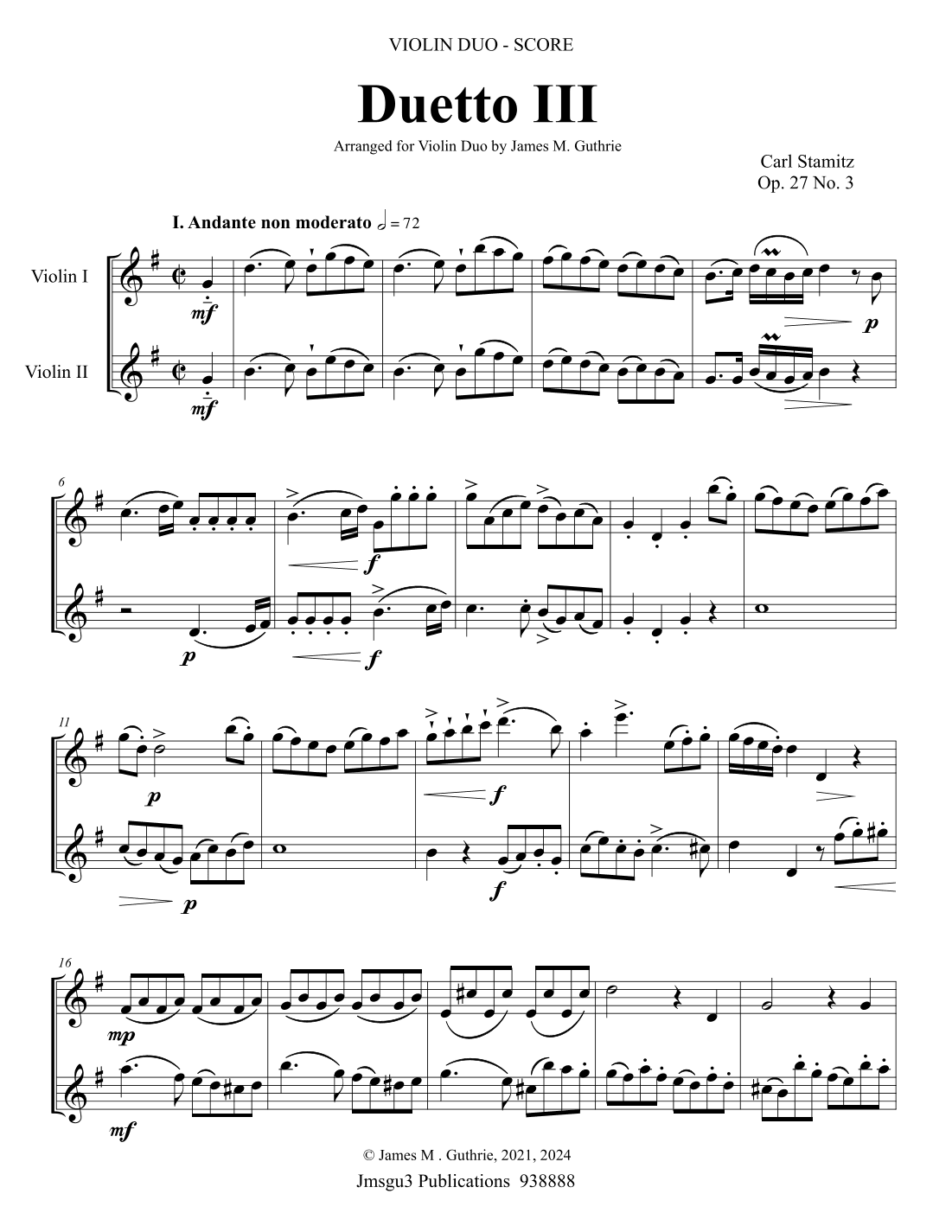 Stamitz: Duetto Op. 27 No. 3 for Violin Duo (arr. James M. Guthrie)