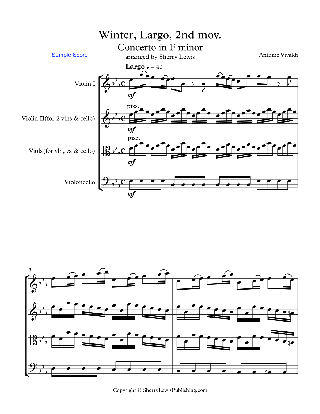 CONCERTO IN F MINOR, WINTER, 2st. Mov. (Largo), String Trio, Intermediate Level for 2 violins and ce (arr. Sherry Lewis)