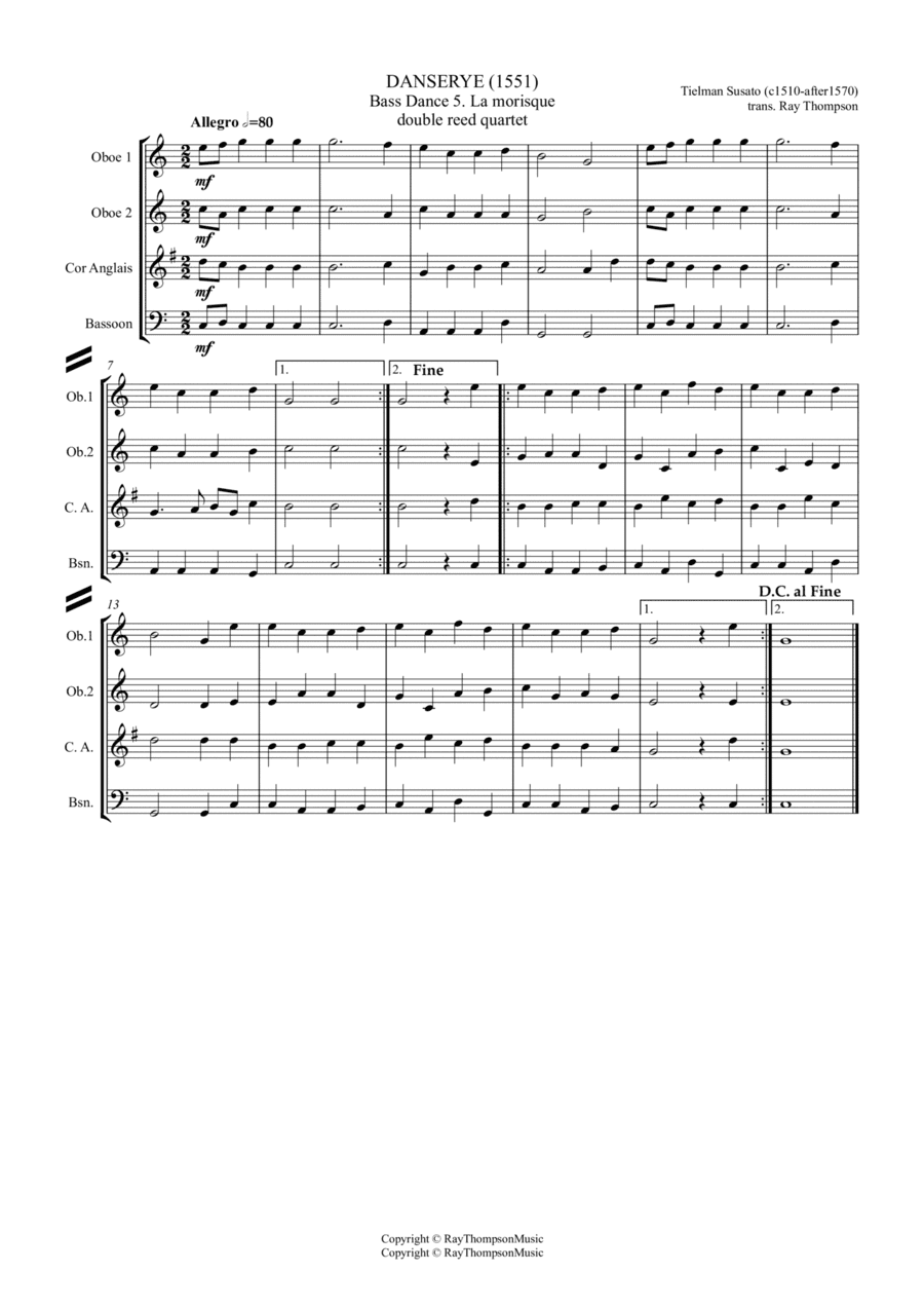 Susato: Danserye (1551)  Bass Dance 5. La morisque - double reed quartet (arr. Ray Thompson)