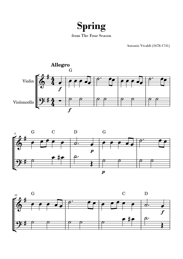 Spring from 'The Four Seasons' by Vivaldi - Easy Violin and Cello Duet with Chords (arr. Gisele Sant'Ana)