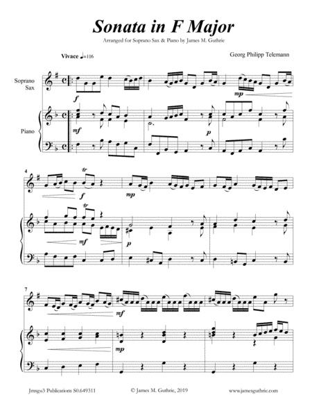 Telemann: Sonata in F Major for Soprano Sax & Piano (arr. James M. Guthrie, ASCAP)
