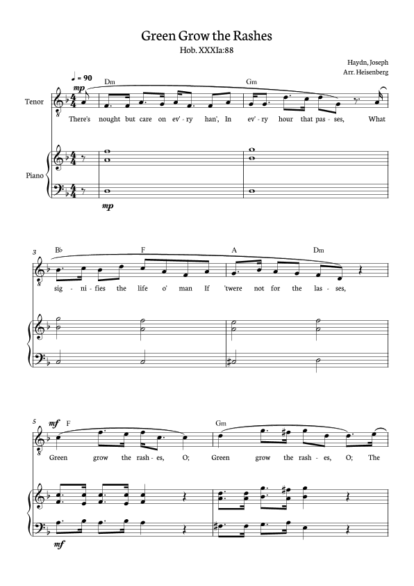 Joseph Haydn - Green Grow The Rashes for Tenor with Piano and chords in D minor. (arr. Heisenberg)